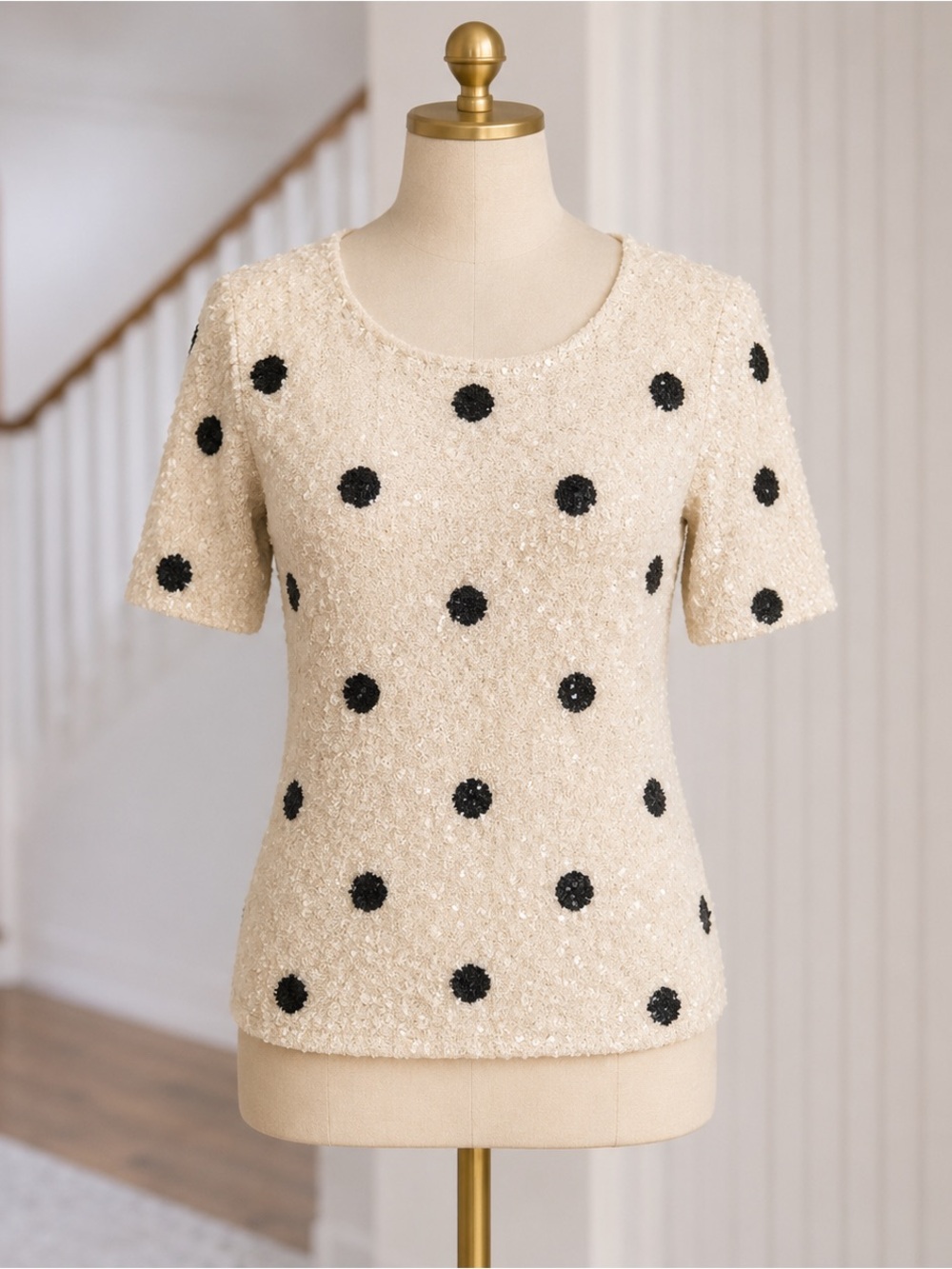 Jcrew Sequinned Cream Polka Dot Short-Sleeve Knit Top Medium